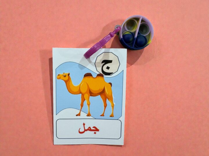 Letter Favor Card + Bubble Keychain 2 Arabic letter Jeem favor card with camel illustration and bubble keychain