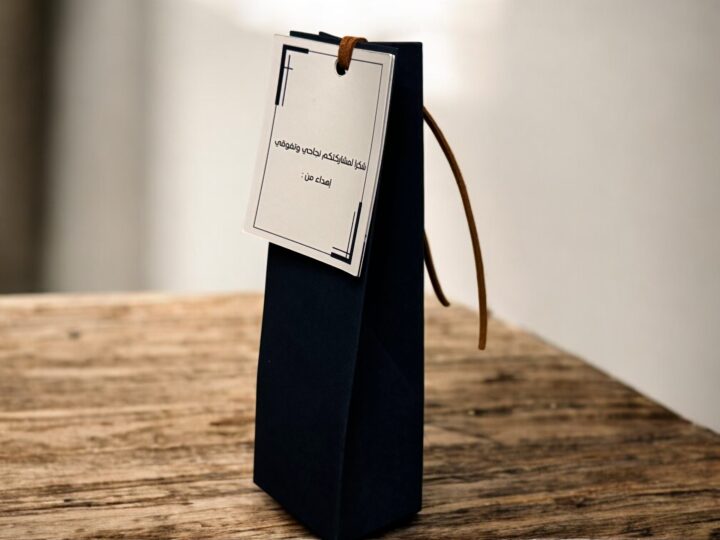 Angled view of navy favor box with outer gift card and brown leather strap in Kuwait