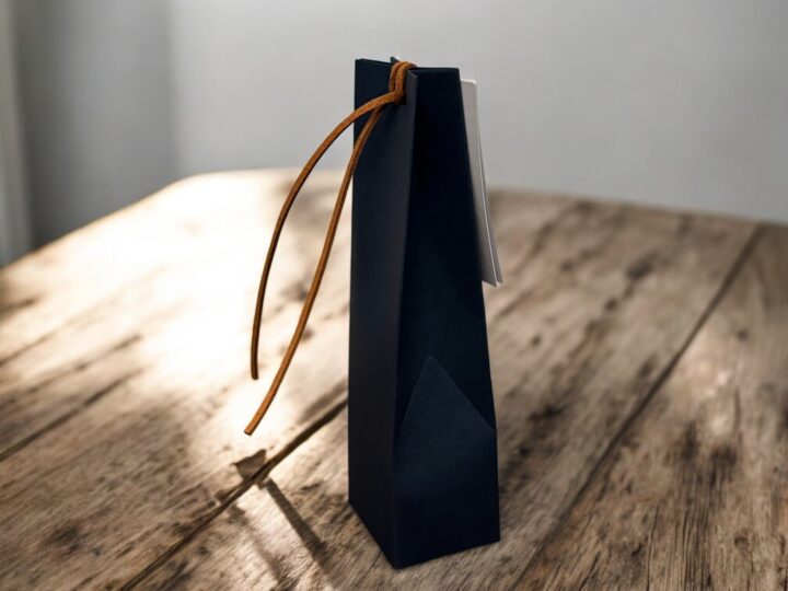 Side view of navy graduation perfume favor box with brown leather strap in Kuwait